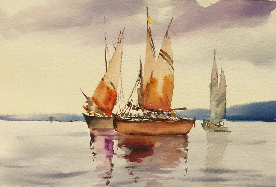 اثر آب‌رنگ قایق ماهی‌گیر سبک خیس در خیس