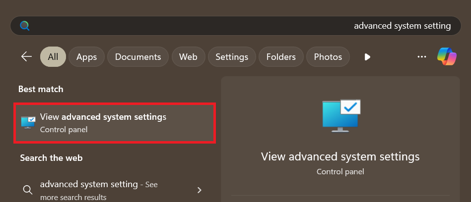 تنظیمات advanced system setting در ویندوز