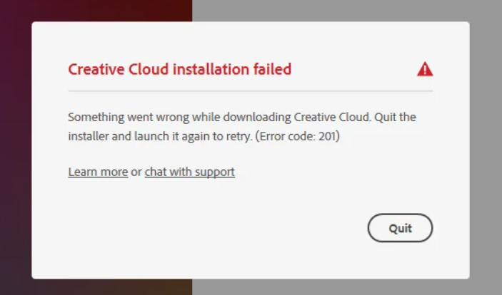 خطای 201 در نصب adobe creative cloud