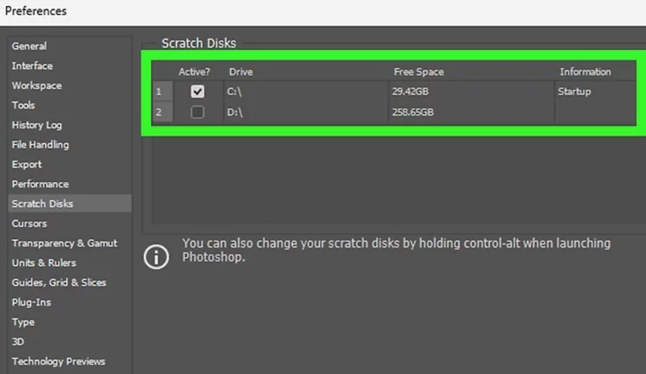 تنظیمات Scratch disk فتوشاپ