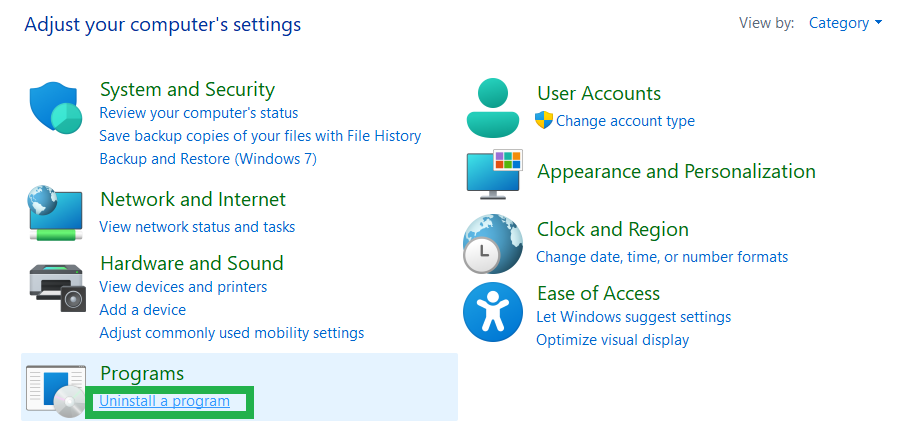 تنظیمات حذف برنامه در کنترل پنل