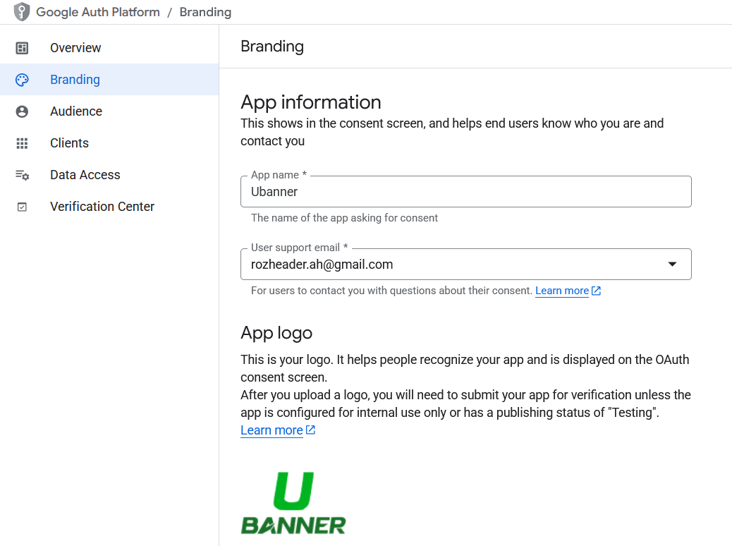 تنظیمات Branding در OAuth Consent Screen