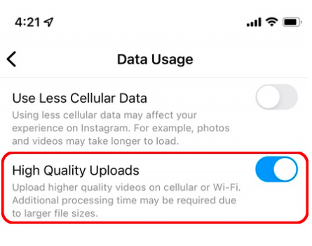 تنظیمات افزایش کیفیت آپلود Upload at highest quality در اینستاگرام